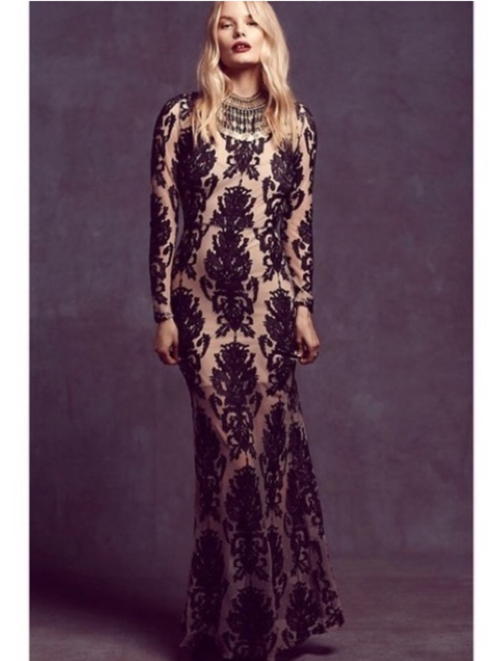 For Love & Lemons Long Sleeve ETHEREAL Baroque Maxi Dress Nude Black